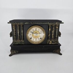 Antique E. Ingraham Mantel Clock c1895-1910 Black Wood Column Case Hour Strike